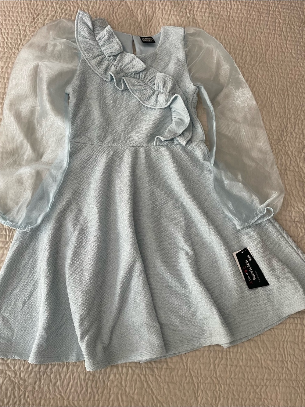 Beetlejuice Light Blue Ruffle-Front Kids Costume Dress with Sheer Sleeves